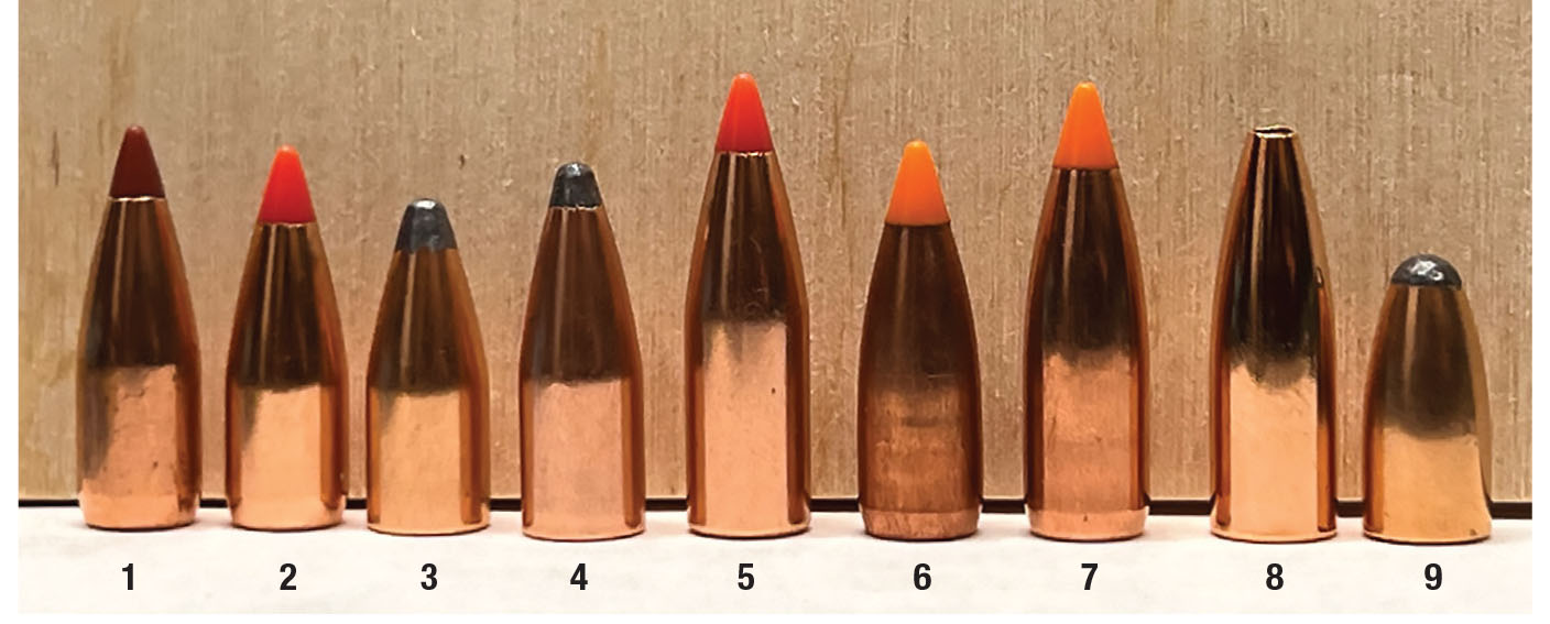 Bullets tested included: (1) Hornady 35-grain NTX, (2) Hornady 40-grain V-MAX, (3) Hornady 45-grain Hornet, (4) Hornady 50-grain SX, (5) Hornady 55-grain V-MAX, (6) Nosler 40-grain Ballistic Tip Varmint, (7) Nosler 50-grain Ballistic Tip Varmint, (8) Berger 52-grain flatbase Varmint, (9) Sierra 40-grain Hornet.